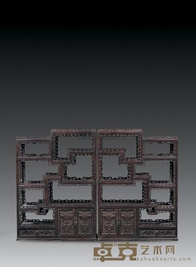 清 紫檀雕云蝠多宝格 （二件） 58×24.8×80.8cm