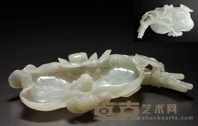 清中期 白玉荷叶青蛙一束莲水洗 宽15cm