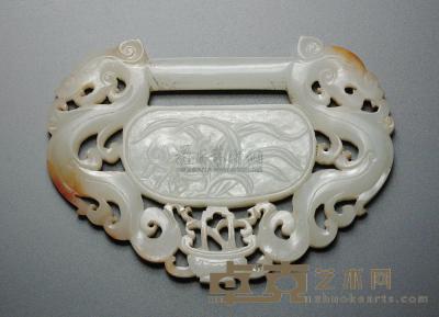 清中期 白玉双凤牡丹提篮纹锁形珮 长6cm