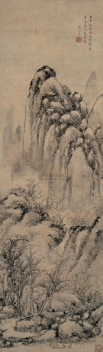 李流芳 1612年作 寒山万木图 立轴 95.5×28cm