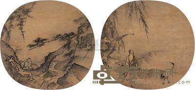 马远 松岩观瀑 携鹤高士 （二件） 圆光 直径26.5cm×2