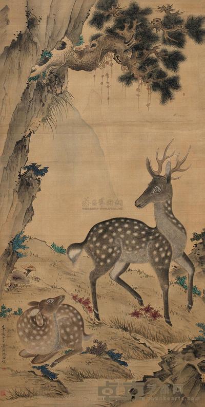 沈铨 1731年作 栢鹿图 立轴 188×94cm