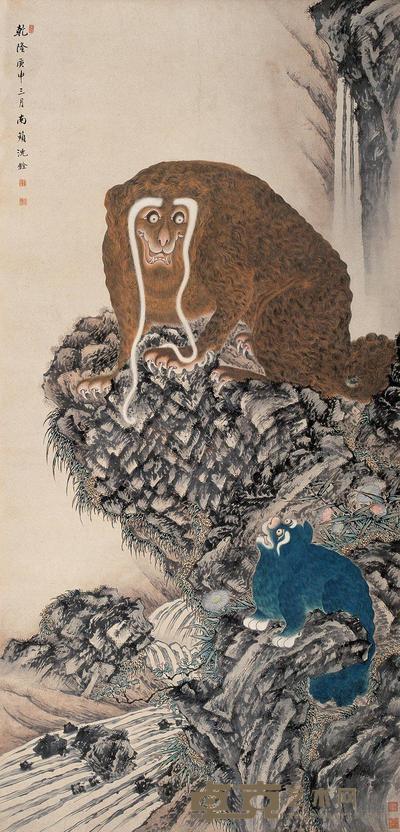 沈铨 1740年作 双狮 立轴 212×103cm