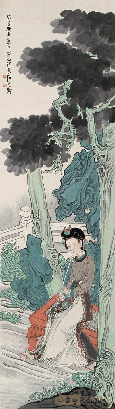 任熊 1853年作 桐荫仕女 立轴 152×43cm