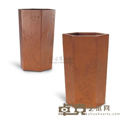 清 竹贴黄刻山水诗文六方笔筒 高13.2cm