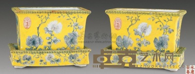 清光绪 黄地墨彩花卉长方花盆 （二件） 高11.4cm
