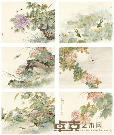 陈康侯 1927年作 百虫花果册 册页 (十二开选六) 34.5×44cm×12