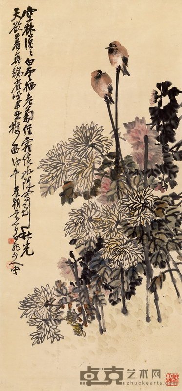 王震 1918年作 秋菊栖禽 立轴 126.4×58.8cm
