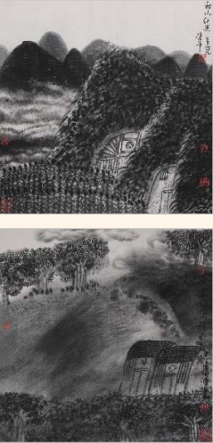 陈平 1989年作 秋山红梁 两帧68×68cm×2
