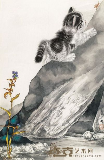 米春茂 猫嬉图 镜框 64×41cm