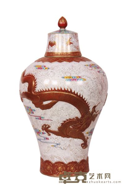 粉彩描金雕龙纹梅瓶 高：41cm