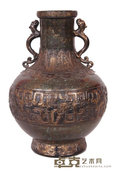 古铜彩夔龙纹双螭耳瓶 高：35.5cm