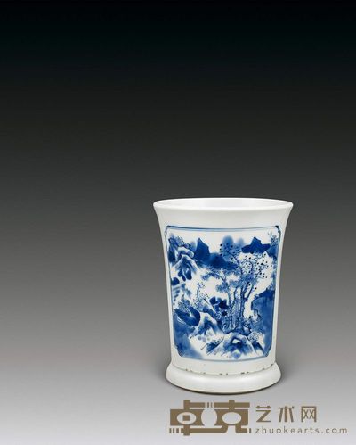 清康熙 青花开光山水纹笔筒 高13.4cm