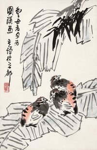 李苦禅 1973年作 芭蕉鹌鹑 镜心