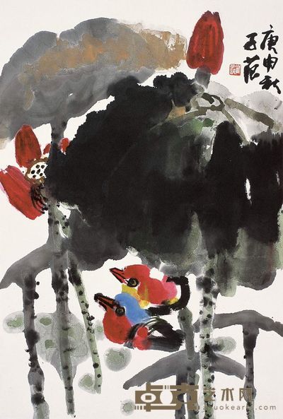 崔子范 1980年作 荷花鸳鸯 立轴 68×46cm