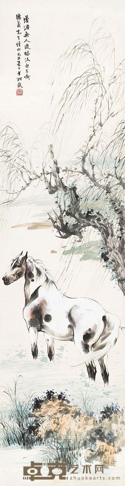 戈湘岚 1949年作 柳荫放马图 立轴 104×27cm