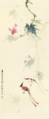 梁粲缨 周千秋 芙蓉双绶图 镜心