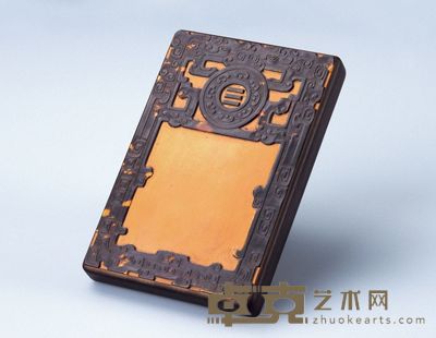 清 红木贴竹黄、玳瑁蟠螭纹笔舔 7.5×12.5cm