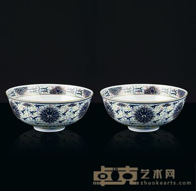 清 光绪 青花斗彩描金花卉纹碗 （一对） 直径19.8cm