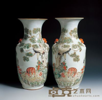 民国 粉彩鹤鹿同春双耳瓶 （一对） 高43cm