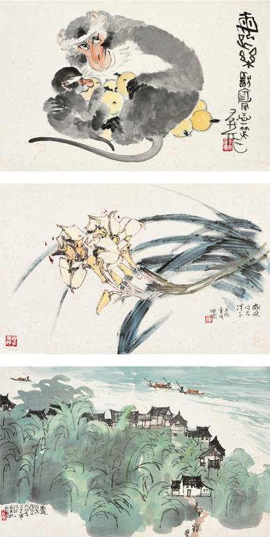 李行简 李燕 郭怡孮 1982年作 花卉集锦 镜心  （三开）40×59cm×3