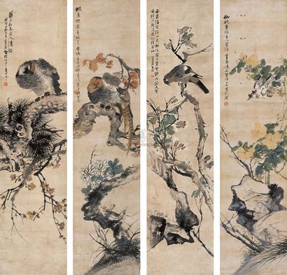 朱偁 癸酉（1873年）作 花鸟 四屏