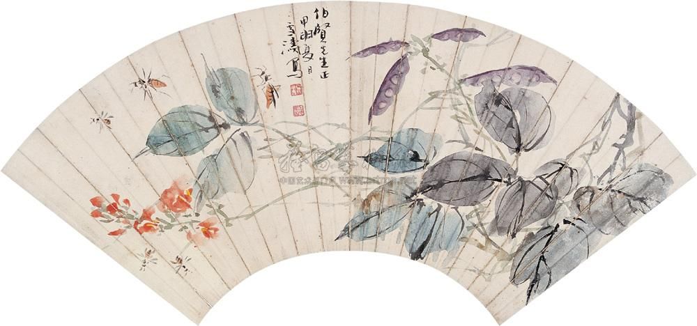 王雪涛 甲申(1944年)作 豆荚蜜蜂 扇面