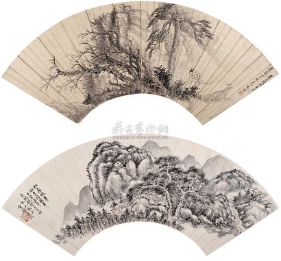 周镐 鲁珂 戊戌（1838年）作 山水 （二帧） 扇面