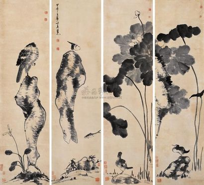 牛石慧 （款） 甲申（1644年）作 花鸟 四屏