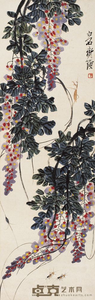 齐白石 紫藤工虫 镜心 102×33cm