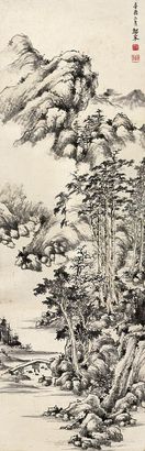 余绍宋 1921年作 秋山古寺图 镜心