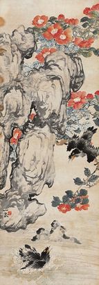陆抑非 茶花八哥 镜心