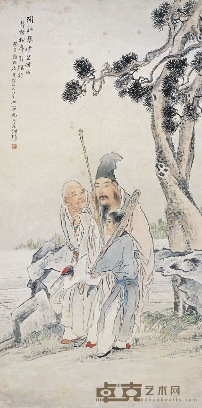 沈心海（1855～1941后）评琴引鹤图 