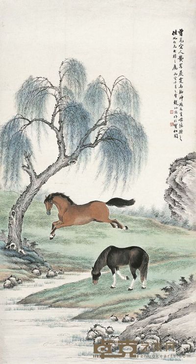 赵叔孺（1874～1945） 柳溪双骏图 