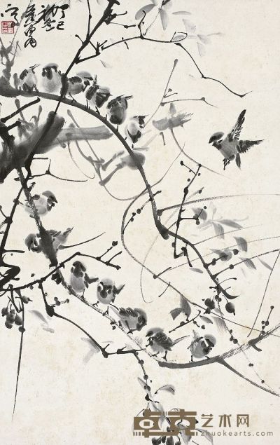 黄胄（1925～1997）山雀寒枝图 