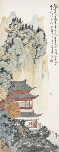 溥儒（1896～1963）仙阁观鹤图