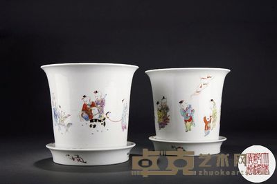 清·光绪粉彩婴戏花盆一对