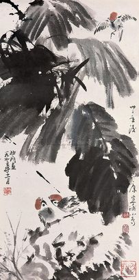 来楚生 康宁 1973年作 蕉阴小鸟 镜心