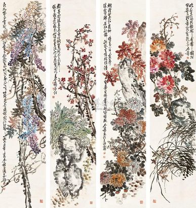 王个簃 1965年作 花鸟四屏 立轴