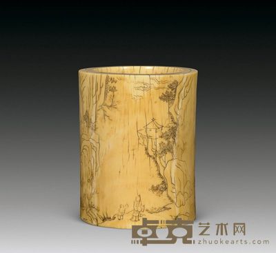清中期 象牙浅刻墨彩山水笔筒 高12cm