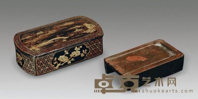 清中期 漆绘锦地花卉盖盒 抄手小端砚 （二件） 尺寸不一