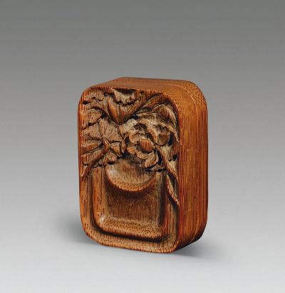 清 竹雕花卉砚形盖盒
