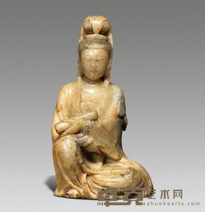 清 寿山石持卷观音坐像 高16cm