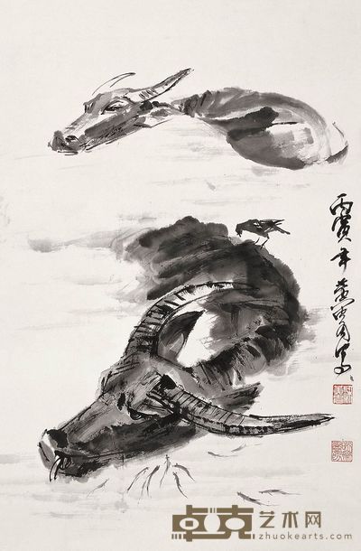 黄胄 1986年作 双牛图 立轴 68×45cm