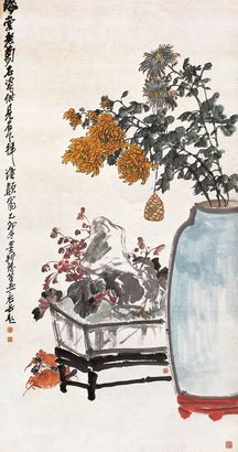 吴昌硕 程瑶笙 倪田 1915年作 海棠老菊 立轴