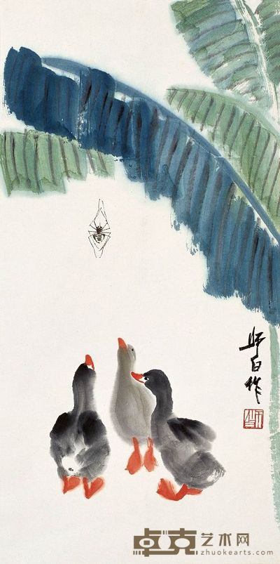 娄师白 芭蕉小鸭 镜心 68×34cm