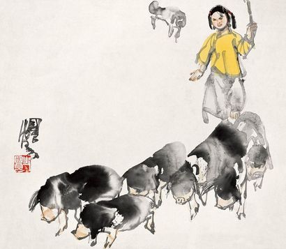 史国良 赶猪图 镜心