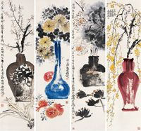 贾广健 花鸟 四屏