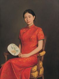 吴正恭 2008年作 持团扇的红衣少女