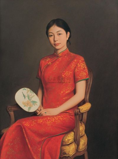 吴正恭 2008年作 持团扇的红衣少女